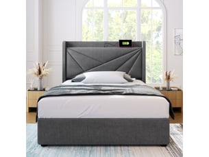 Lit simple 90x200 cm en tissu lin avec tiroir de rangement, tête de lit et port usb-c, sans matelas