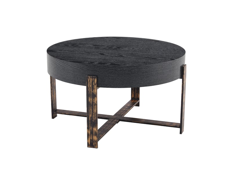  Table d'appoint ronde 68x68x39 cm, ép. 9,6 cm, design minimaliste, piètement croisé en métal, mdf effet de bois, noir  - Conforama A