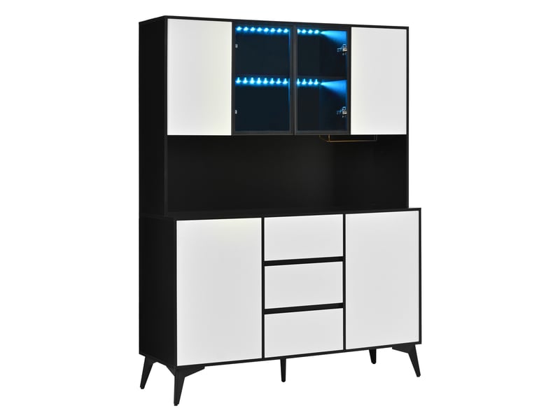  Vaisselier avec vitrine 120 x 40 x 160 cm – noir et blanc – led réglable via application, 3 tiroirs  - Conforama D