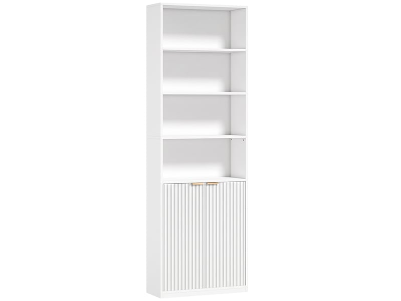  Bibliothèque design effet bois blanc 2 portes cannelées 4 étagères poignées métal doré  - Conforama A