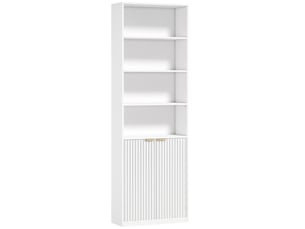 Bibliothèque design effet bois blanc 2 portes cannelées 4 étagères poignées métal doré