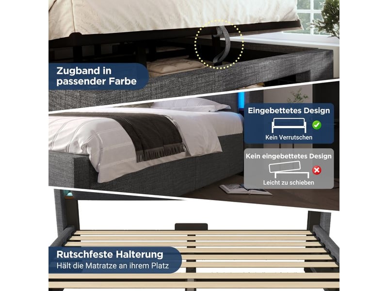  Lit rembourré avec rangement - 160x200 cm - gris - lin - éclairage led - ports usb &amp; usb-c  - Conforama D