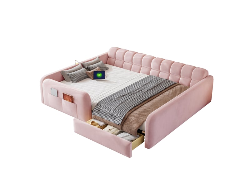  Lit enfant 140x200 cm, tête de lit style canapé, tiroir, veilleuse, ports usb et usb-c, barrières, velours rose, sans matelas  - Conforama A