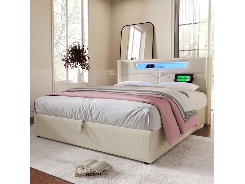  Lit coffre tcqpz 160 x 200 cm avec led usb type-c en lin beige  - Conforama E