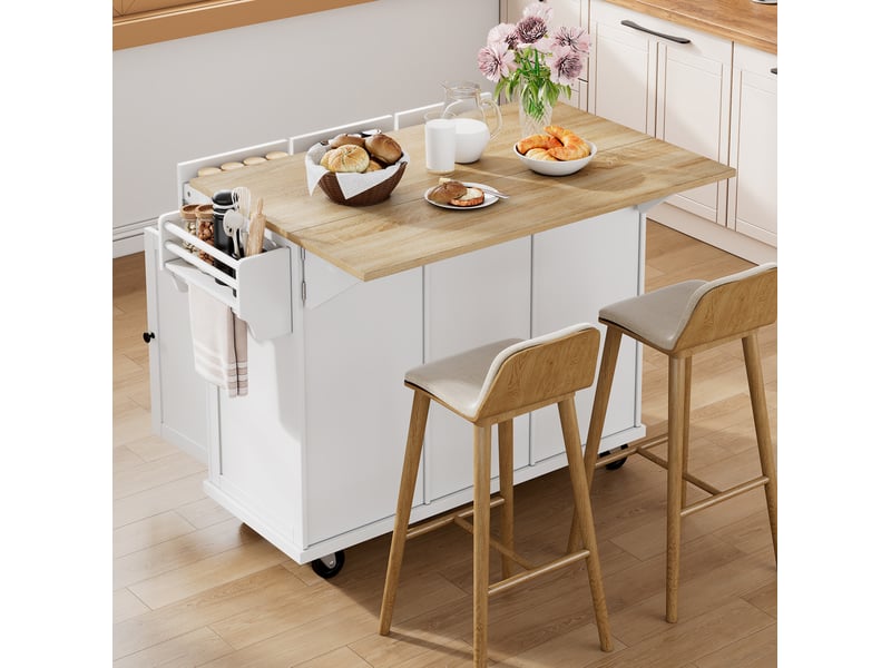  Îlot de cuisine mobile 131,2 x 46,2 cm – blanc et naturel – plateau extensible et rangements optimisés  - Conforama E
