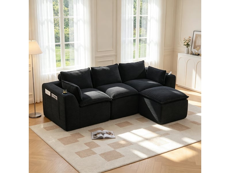  Canapé modulable compression d'angle en l,256x161x75cm,velours côtelé,canapé 3 places avec pouf,porte-gobelets,poches latérales,sans montage,noir  - Conforama B