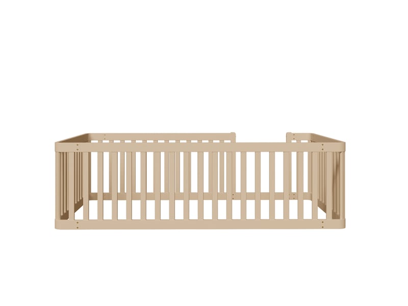 Lit simple 90x200 cm avec barrière, lit enfant bas, entrée latérale, structure en bois, crème, sans sommier ni matelas  - Conforama E