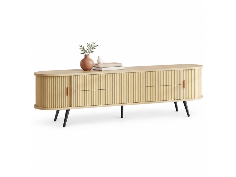  Meuble tv ovale 180x40x45 cm, 4 tiroirs, porte tambour, rangement, jusqu’à 80 pouces, mdf, naturel  - Conforama A