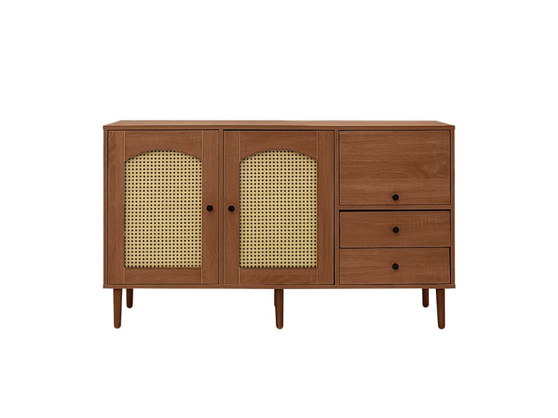 Meuble de rangement, buffet avec 2 portes en rotin, étagères réglables et 2 tiroirs, 130 x 75,5 x 40 cm, fermeture magnétique, pour salon et salle à manger - Conforama A