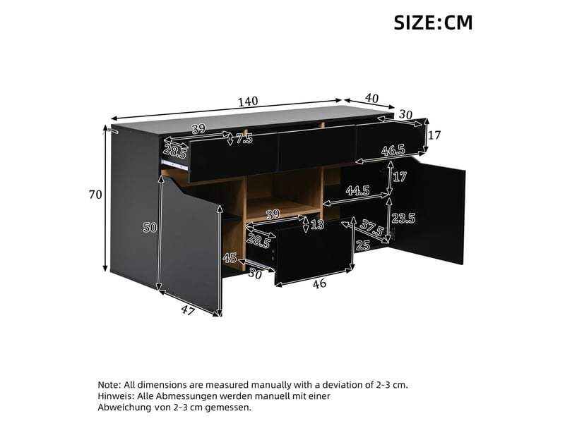  Buffet bas 140 cm avec 4 tiroirs et led noir et bois cravdom  - Conforama E