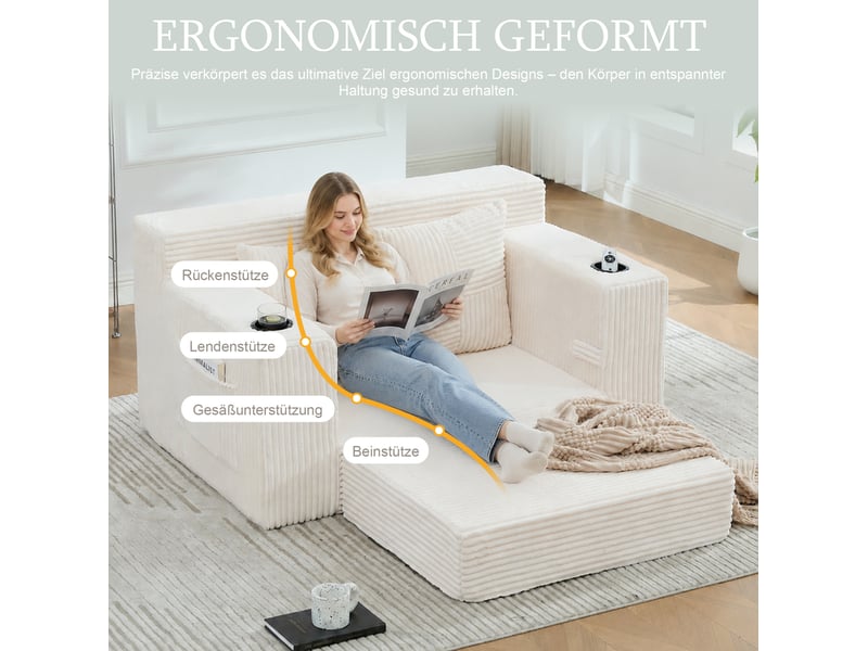 Fauteuil pouf double avec coussins, poches latérales et accoudoirs en velours côtelé beige, 151 × 133 × 64 cm  - Conforama E