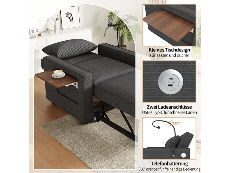 Canapé 1 place en velours côtelé gris avec dossier réglable 3 positions et port usb intégré  - Conforama D