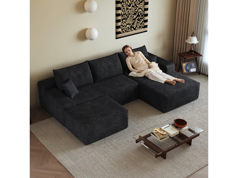  Canapé d'angle droite 270cm canapé modulable 3 places canapé compressé en velours côtelé avec pouf méridienne, noir  - Conforama R