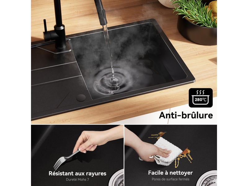  Derw max évier en granit pour cuisine 78x45 cm - évier simple - évier sous-plan anthracite - avec égouttoir et système d’évacuation - pour meuble de 60 cm  - Conforama C