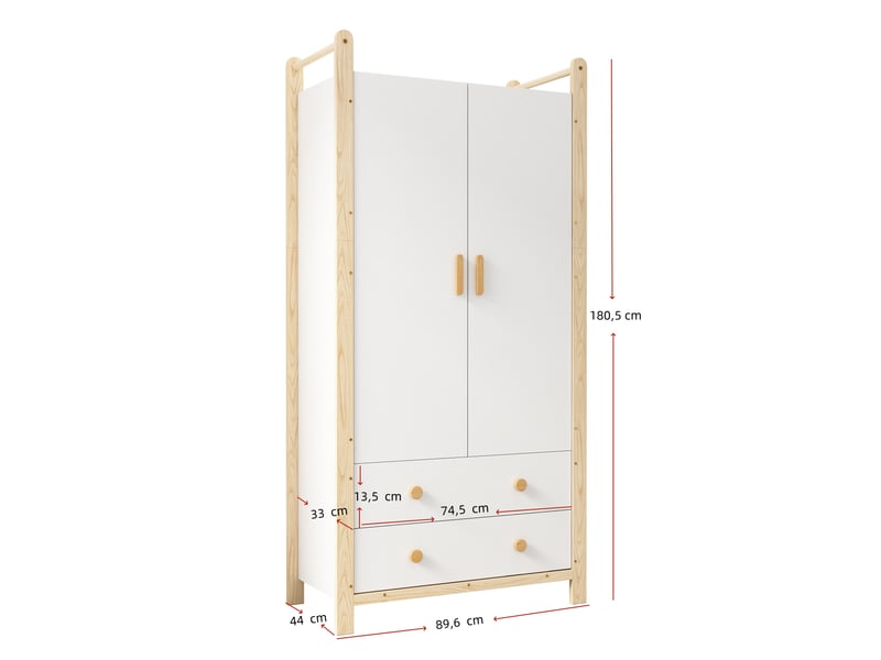  Armoire enfant 2 portes, penderie et 2 tiroirs - blanc et bois naturel - 9e+1 x 45 x 1,8e+2 cm IKSETERA TRADING LTD - Conforama C