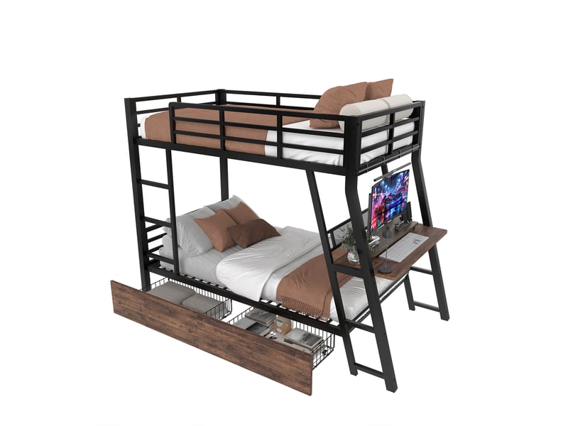  Lit mezzanine noir 90 × 200 cm, bureau, led, tiroirs, escalier et garde-corps  - Conforama E