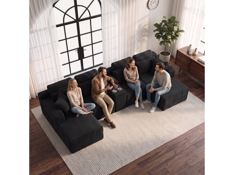 Canapé d'angle modulaire en forme de u, canapé sans cadre, 2 porte-gobelets, velours côtelé, réglable, moderne, aucun assemblage requis, boir - Conforama B