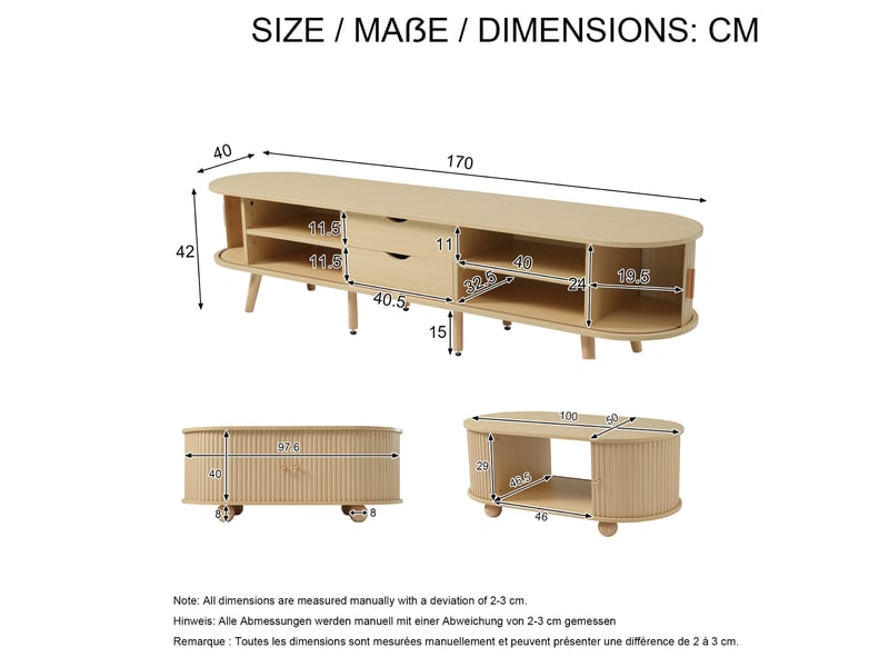  Ensemble meuble tv 170x40x42 cm et table basse ovale 100x50x40 cm, 2 tiroirs, portes coulissantes, mdf, noyer clair  - Conforama C