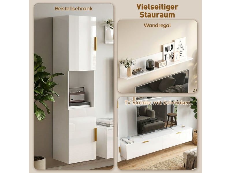  Ensemble meuble tv mural 3 pièces suspendu avec étagère blanc brillant 180 cm  - Conforama D