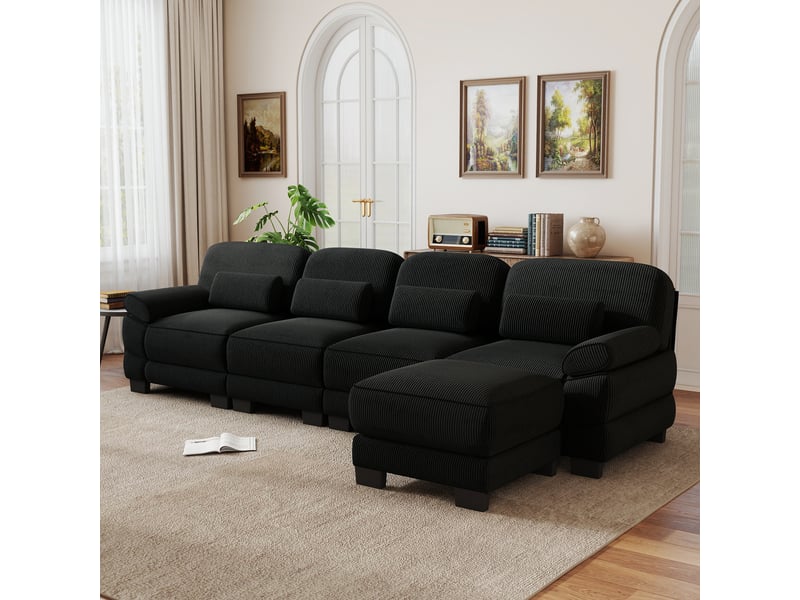  Canapé d'angle 4 places en l, structure robuste, avec 1 pouf, assise profonde confortable, cordon cord doux, combinaison modulable, noir, pour salon  - Conforama B