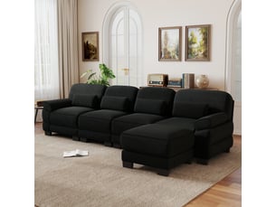 Canapé d'angle 4 places en l, structure robuste, avec 1 pouf, assise profonde confortable, cordon cord doux, combinaison modulable, noir, pour salon