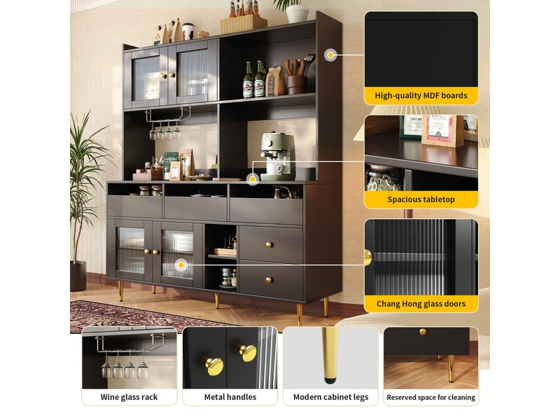  Vitrine salle à manger 150x40x170, rangement généreux portes vitrées buffet, casier à vin, finition noire or  - Conforama D