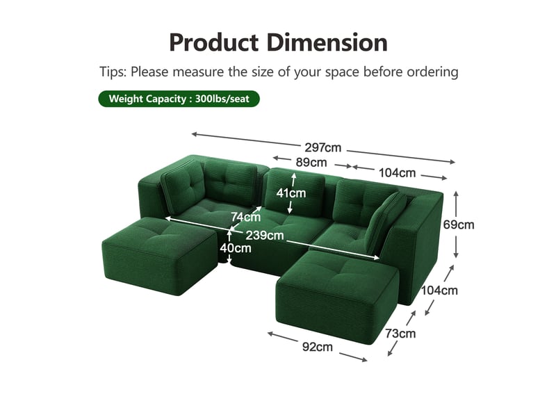  Canapé d'angle modulable en corduroy sans cadre avec assise profonde et dossier souple, vert  - Conforama E