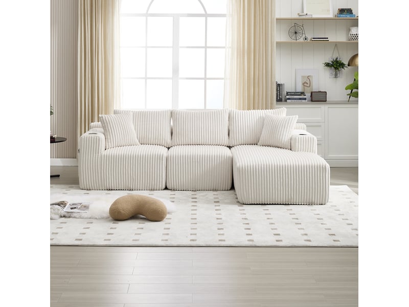  Canapé modulable modenvie 3 places avec méridienne en velours côtelé beige 257 x 160 x 80 cm  - Conforama E