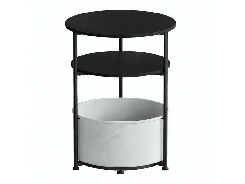  Table d’appoint ronde avec 2 étagères, panier en tissu amovible et pieds réglables pour salon ou chambre, noire  - Conforama A