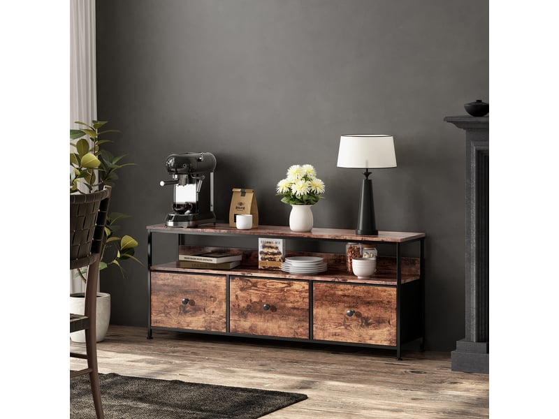  Meuble tv - 137x30x57cm - avec éclairage led, 3 tiroirs en tissu effet bois - meuble de rangement - bois rustique  - Conforama C