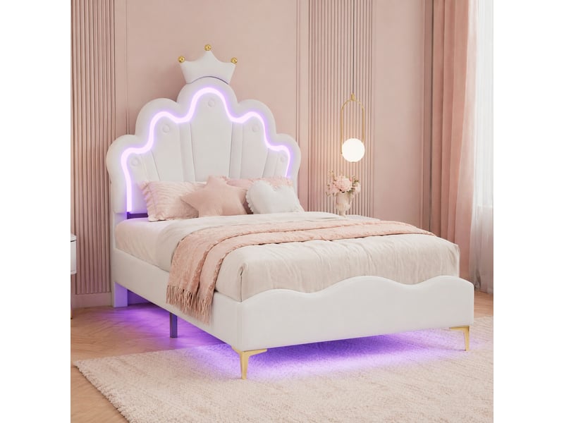  Lit enfant princesse 90x200 cm avec led, similicuir pu blanc  - Conforama C