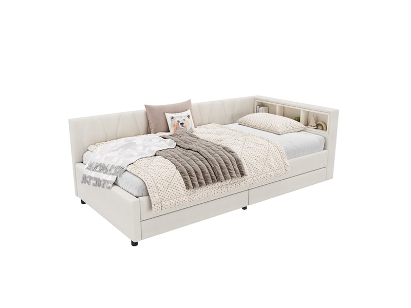  Modenvie lit banquette 90x200 cm - avec tiroirs, niches, led et ports usb-c, sans matelas - beige  - Conforama A