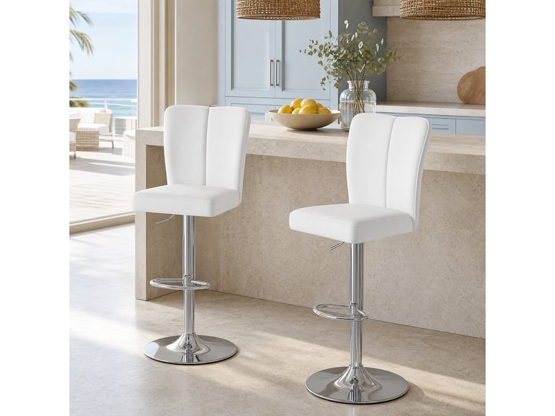  Lot de 2 tabourets de bar réglables et pivotants 360°,similicuir et métal argenté,blanc  - Conforama B