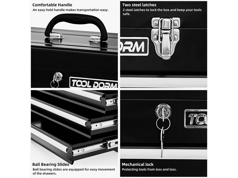  Boîte à outils métal 20,3 3 tiroirs verrouillable coffre rangement atelier garage noir  - Conforama E