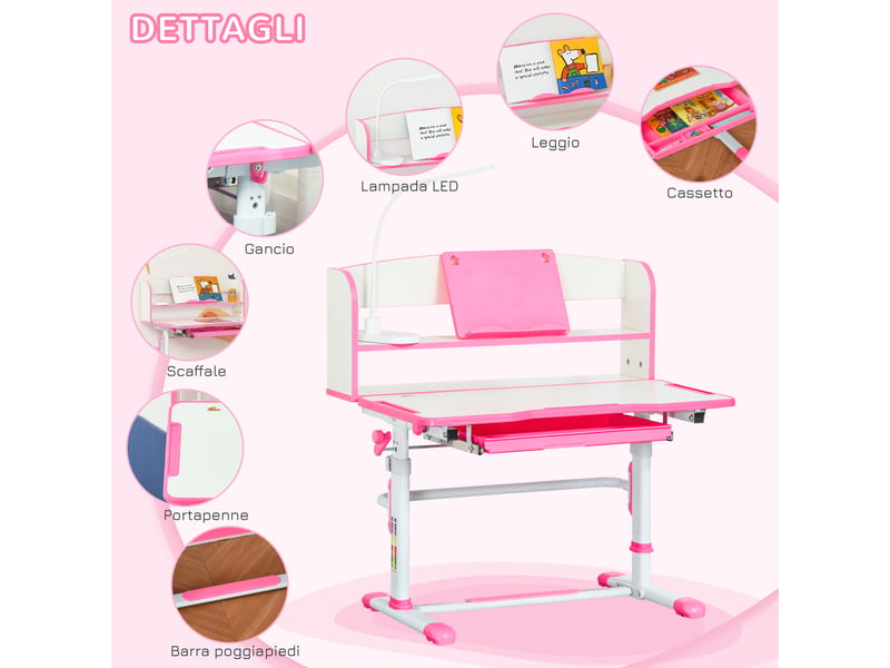 Ensemble bureau et chaise enfant réglable 6-12 ans rose avec lampe led et plateau inclinable  - Conforama W
