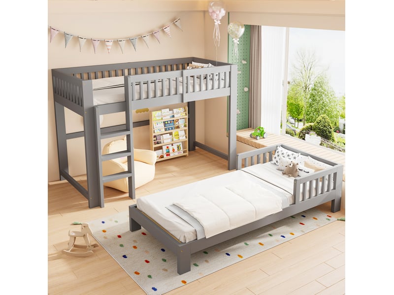  Lit superposé et lit simple modulables 2x90x200 cm, barrières, sommiers inclus, bois gris, sans matelas  - Conforama B