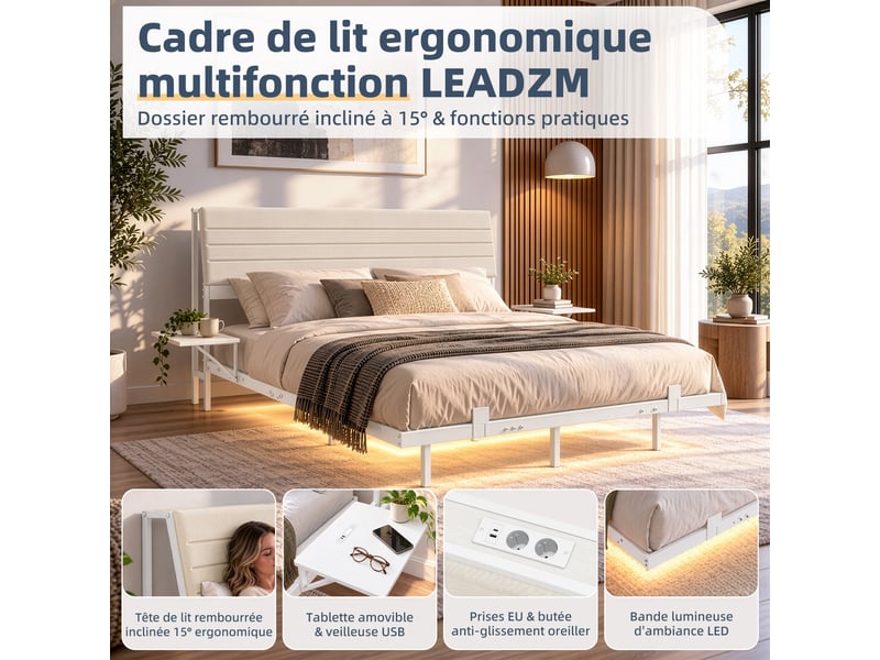  140x200cm-led-plateau de table pour tête de lit-cadre de lit tapissier- lit double-led-usb-type-c, blanc  - Conforama A