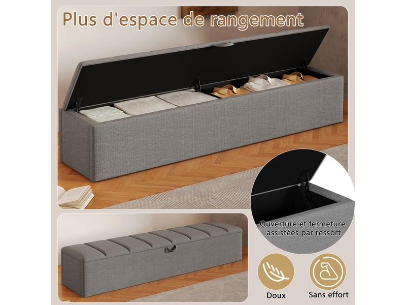  Banc coffre rembourré, 163 × 32 × 36 cm, gris, velours, rangement intégré, assise relevable, mobile, barrière ouvrante  - Conforama D