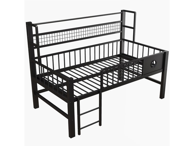  Lit mezzanine enfant 90x200cm bas avec tringle et étagère - lit enfant - cadre métal robuste, gain de place, noir  - Conforama E