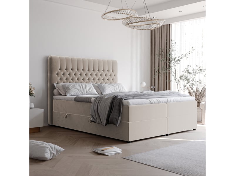  Lit adulte alba - 200x200 cm - matelas ressorts + surmatelas - coffre de rangement - velours dense hydrofuge crème ALBA - Conforama B