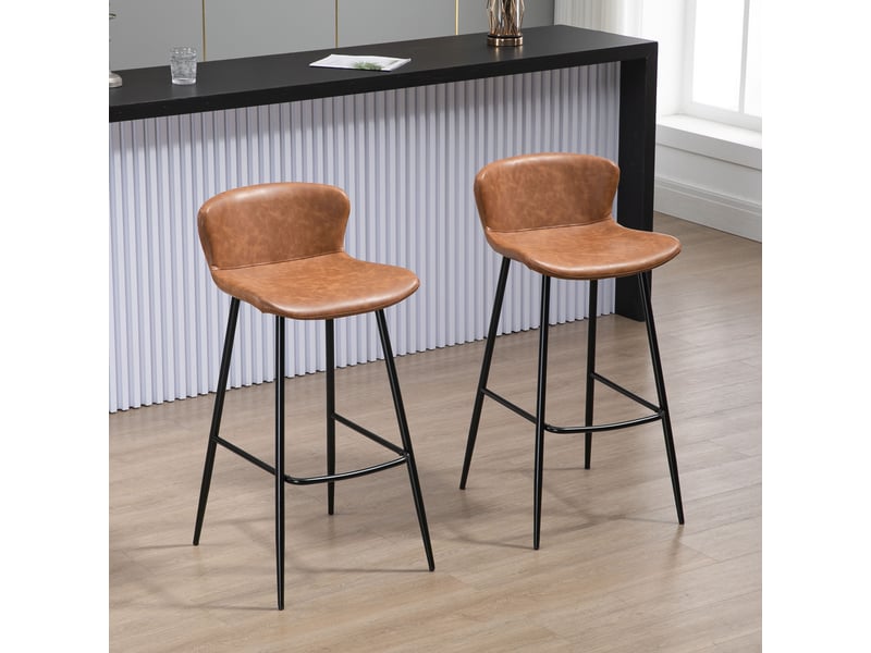  Lot de 2 tabourets de bar assise en similicuir hauteur 76 cm avec repose-pieds en acier et dossier design vintage marron  - Conforama C