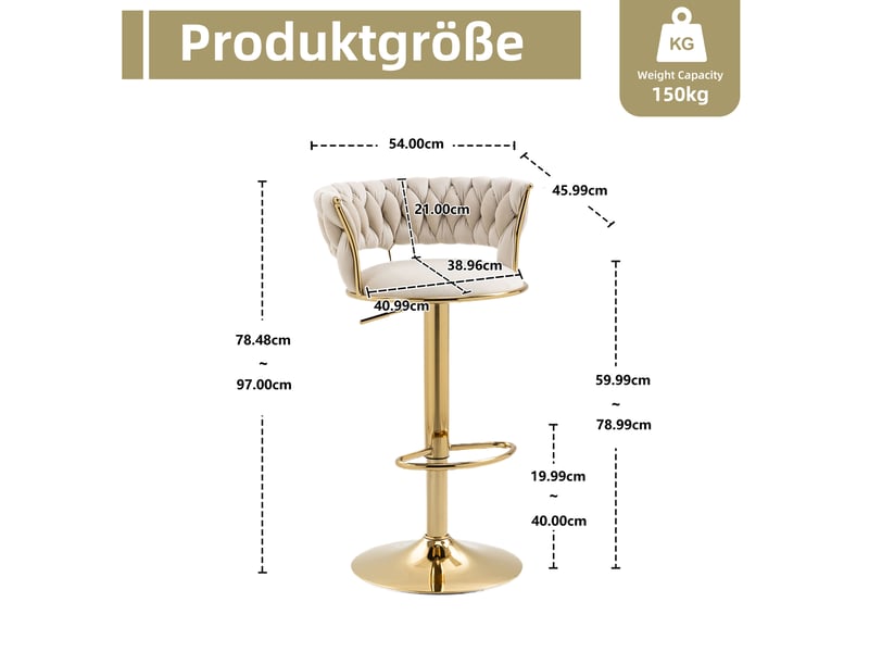 Tabouret de bar pivotant réglable en hauteur avec dossier ajouré et base dorée en velours ivoire - Conforama E