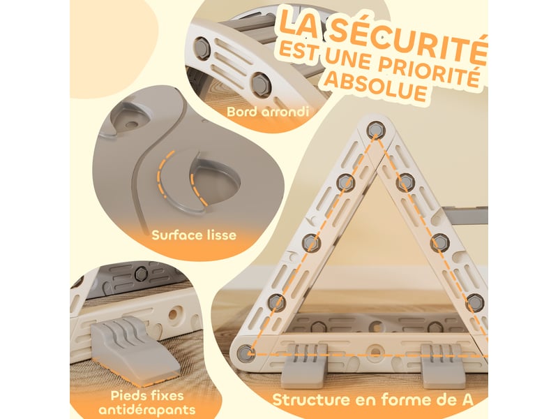  8 en 1 triangle escalade enfants, arc d'escalade, rampe double-face pour grimper &amp; glisser, 279 x 80 x 69 cm, gris  - Conforama E