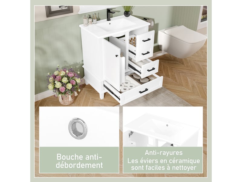  Meuble vasque 76×46×83,5 cm – blanc, 3 tiroirs, vasque céramique intégrée  - Conforama C