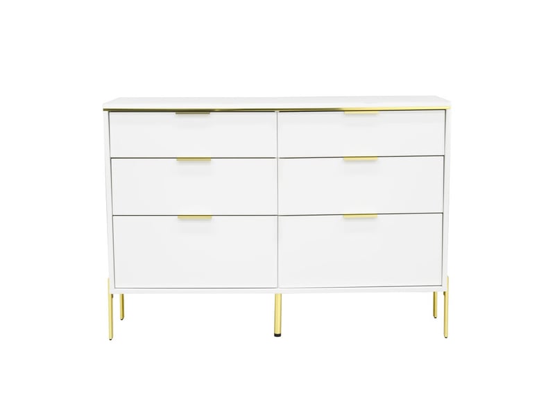  Buffet, meuble de rangement, 6 tiroirs, portes brillantes, meuble d'entrée, adapté au salon, à la salle à manger ou au bureau, blanc  - Conforama A
