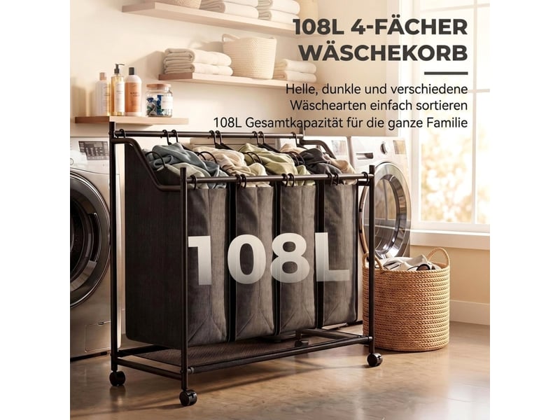  Panier à linge à 4 compartiments, capacité de 108 l, roues et poignée de transport, noir.  - Conforama D