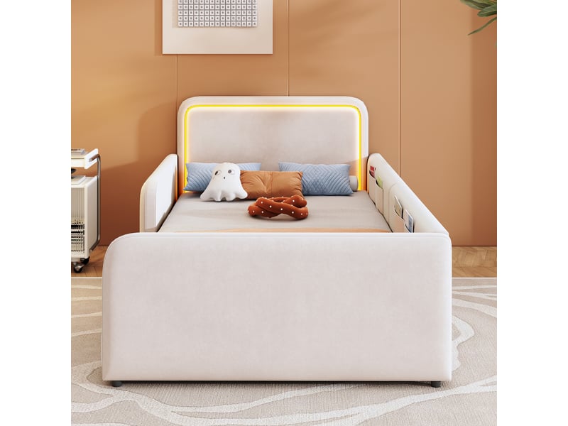  Lit simple 90x200 cm, lit ado rembourré avec tête de lit led, contrôle par application, poches latérales, sans matelas - beige  - Conforama E