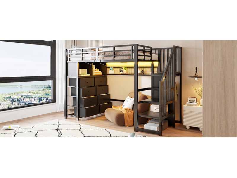  Lit mezzanine enfant simple 90×200 cm, 8 tiroirs, led et étagères  - sans matelas, métal - noir  - Conforama E