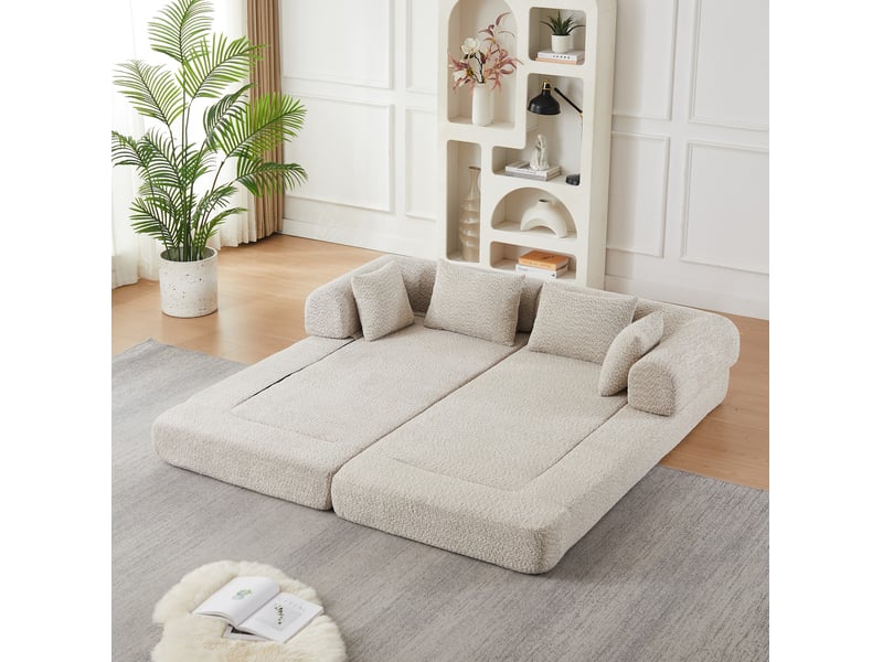  Canapé convertible modulaire 2 places avec dossier réglable, 4 configurations et 4 coussins en chenille beige  - Conforama D