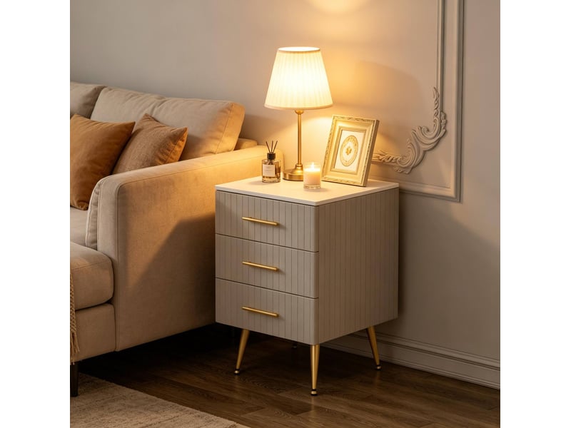 Table de chevet avec 3 tiroirs sur pieds métalliques dorés, revêtement en velours gris, pour chambre, 40,5 × 41 × 62 cm - Conforama B